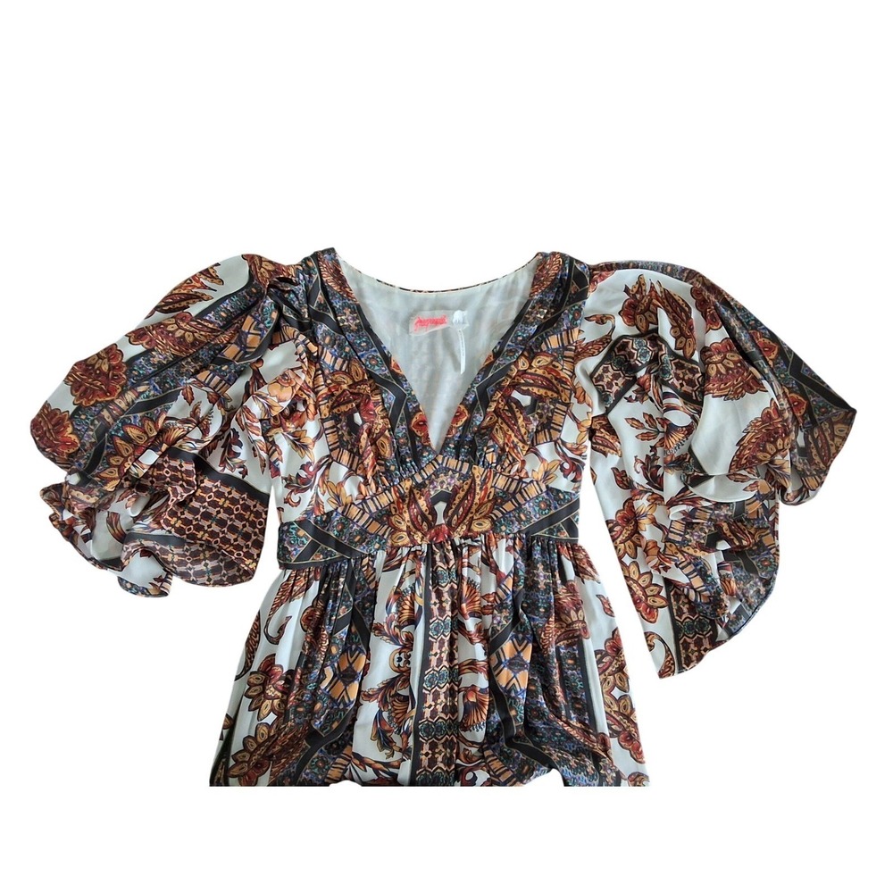 Free People 6 Fern Paisley V-Neck Split Flutter Sleeve Maxi Boho Cottagecore 70s - Picture 7 of 8
